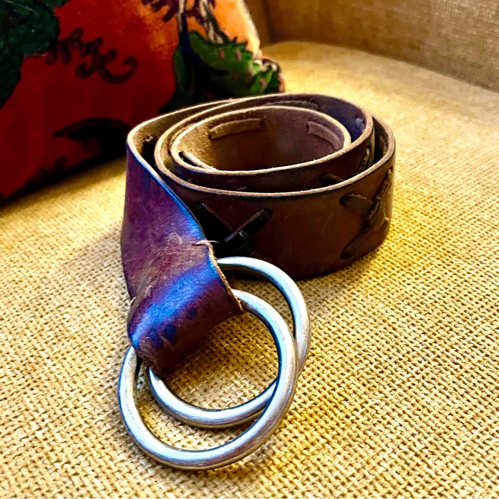 Vintage 90s Brown Leather Belt with Silver Rings